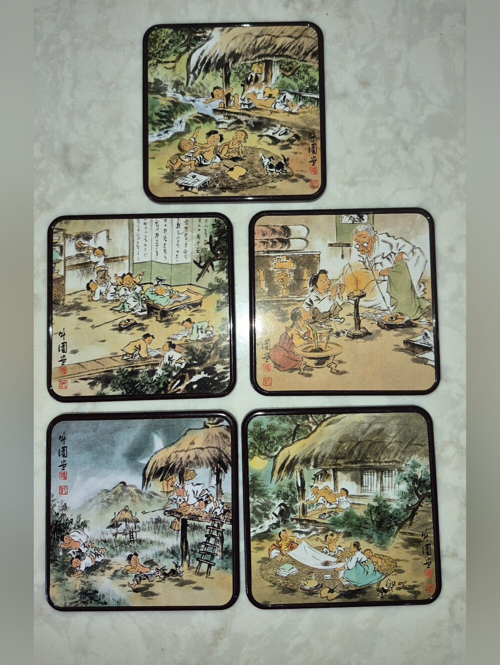 Set of 5 Vintage Square Drink Coasters featuring traditional Korean paintings